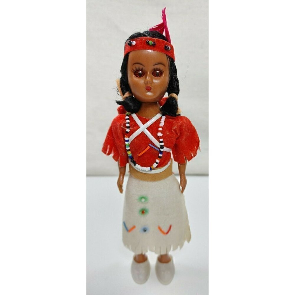 Vintage Native American Souvenir Red White Sleepy Eyes Baby Papoose Indian Doll